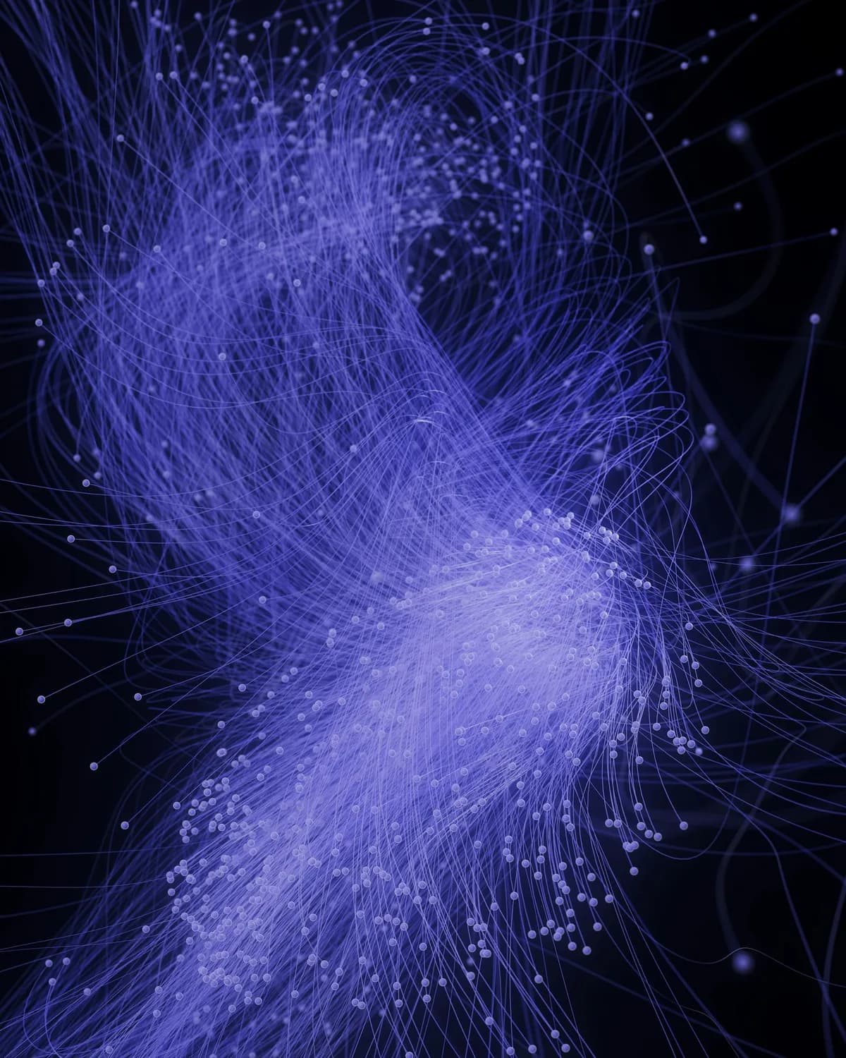Abstract cloud of thin violet lines and dots twisting on a black background