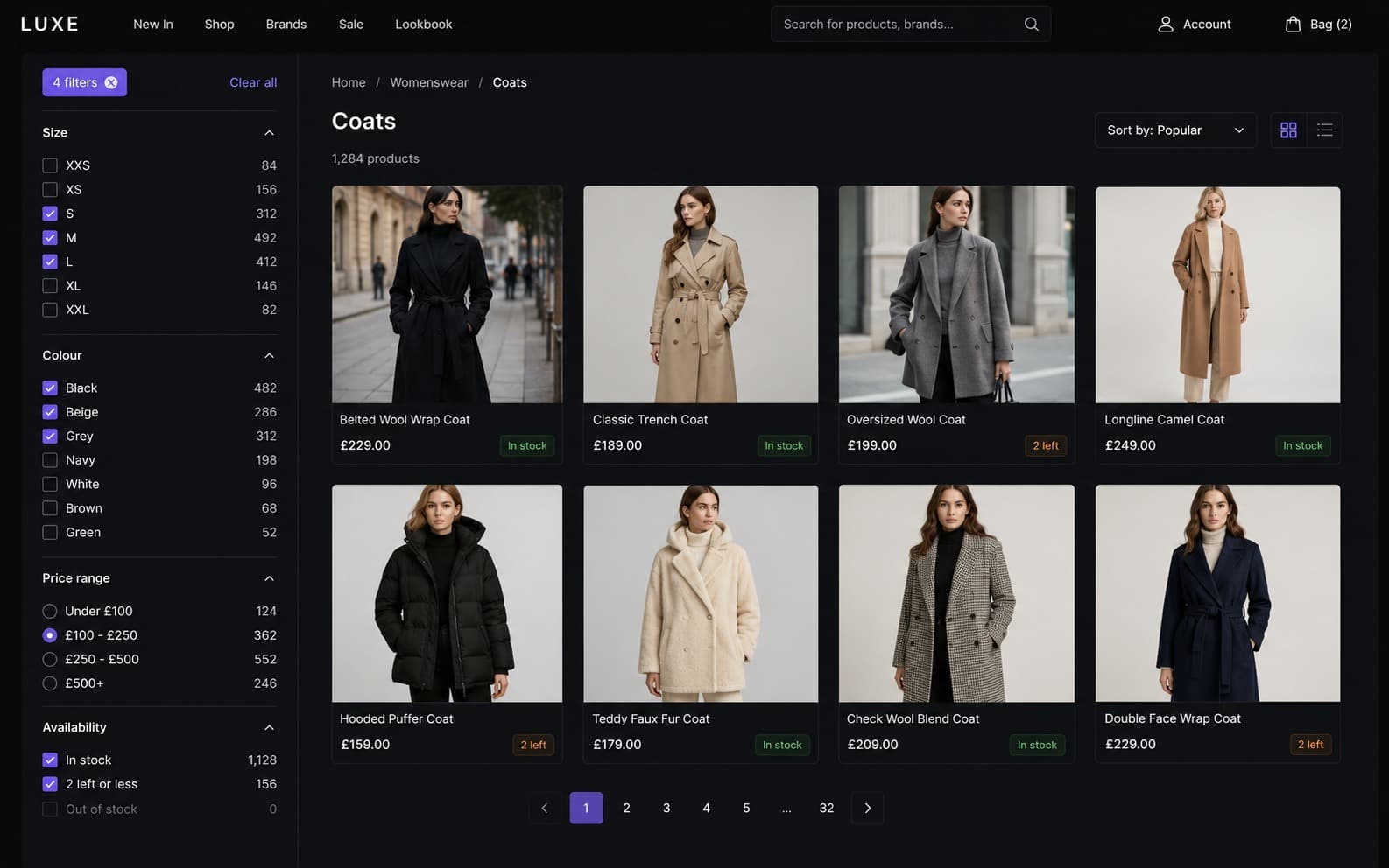 E-commerce category listing with filter facets and a product grid