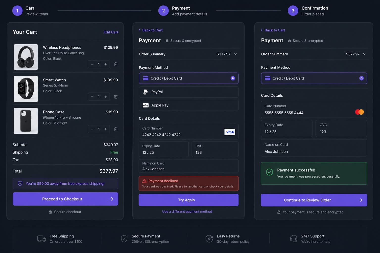 Checkout and payment flow with error and recovery states